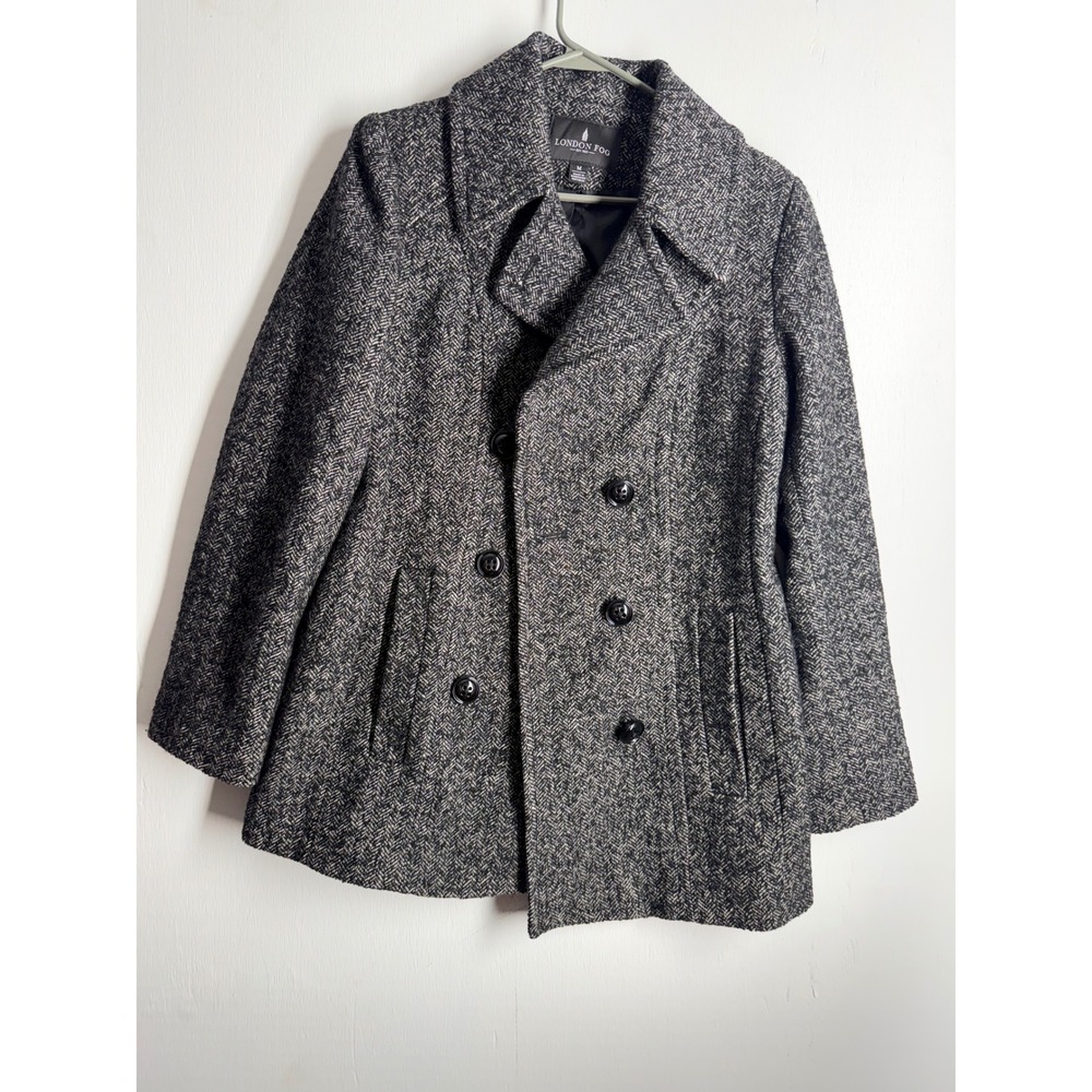 London Fog Herringbone Pea Coat Womens Medium Grey Black Double Breasted Jacket